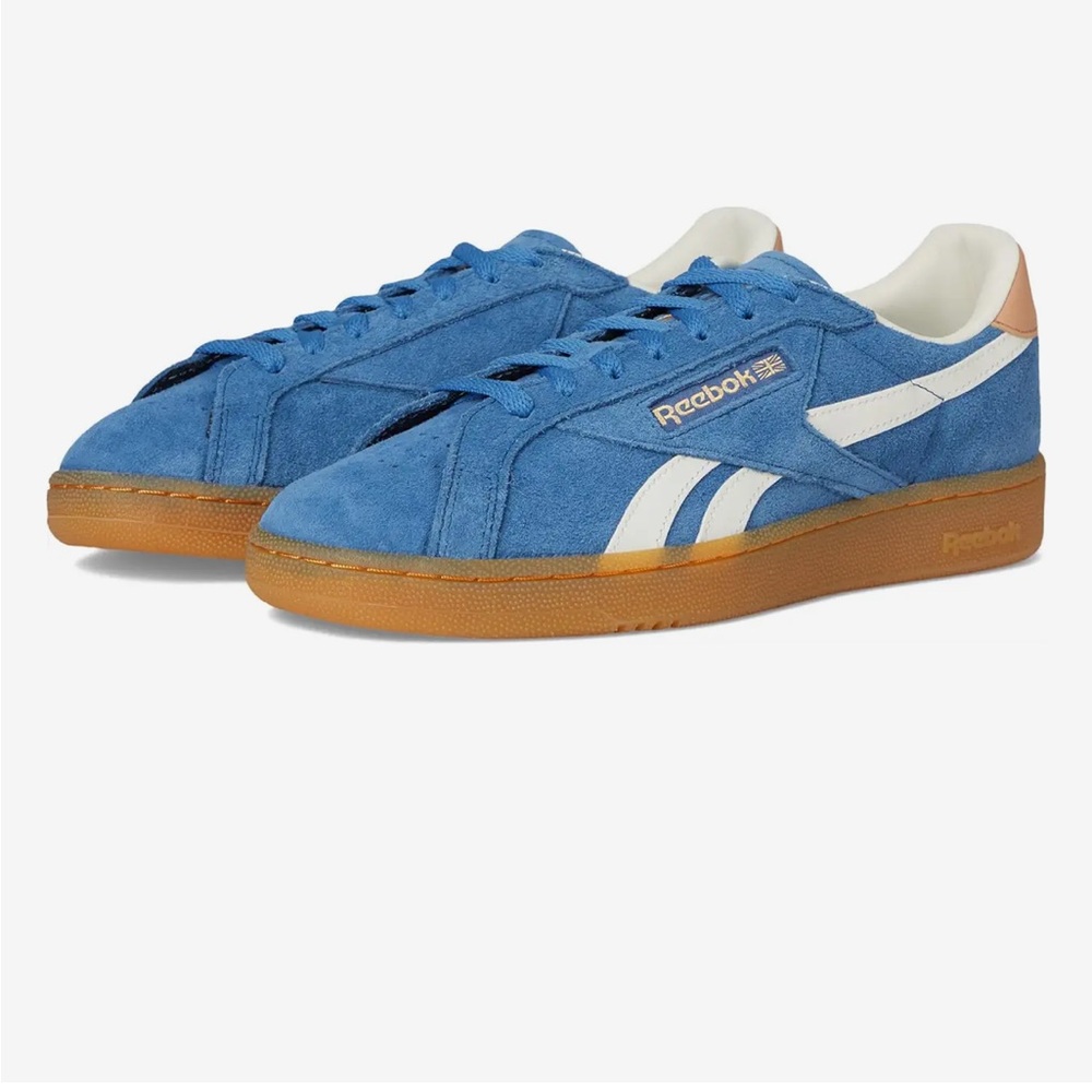 EUC Reebok Blue Suede Club C Grounds Sneakers with White Stripes and Gum Sole